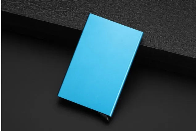 Geometric aluminium business card holder in six colour options showing dimensions
