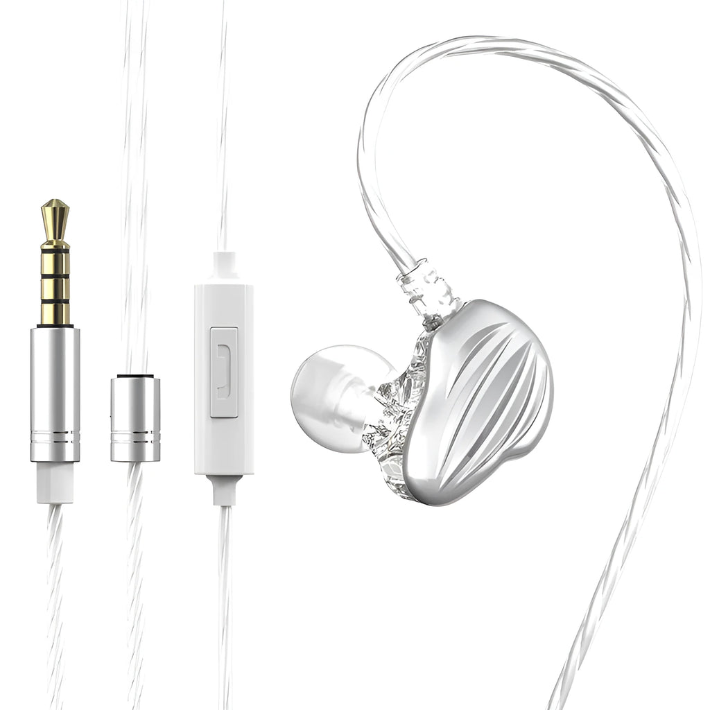 White in-ear sports headphones with back-wound cable design and 3.5mm plug