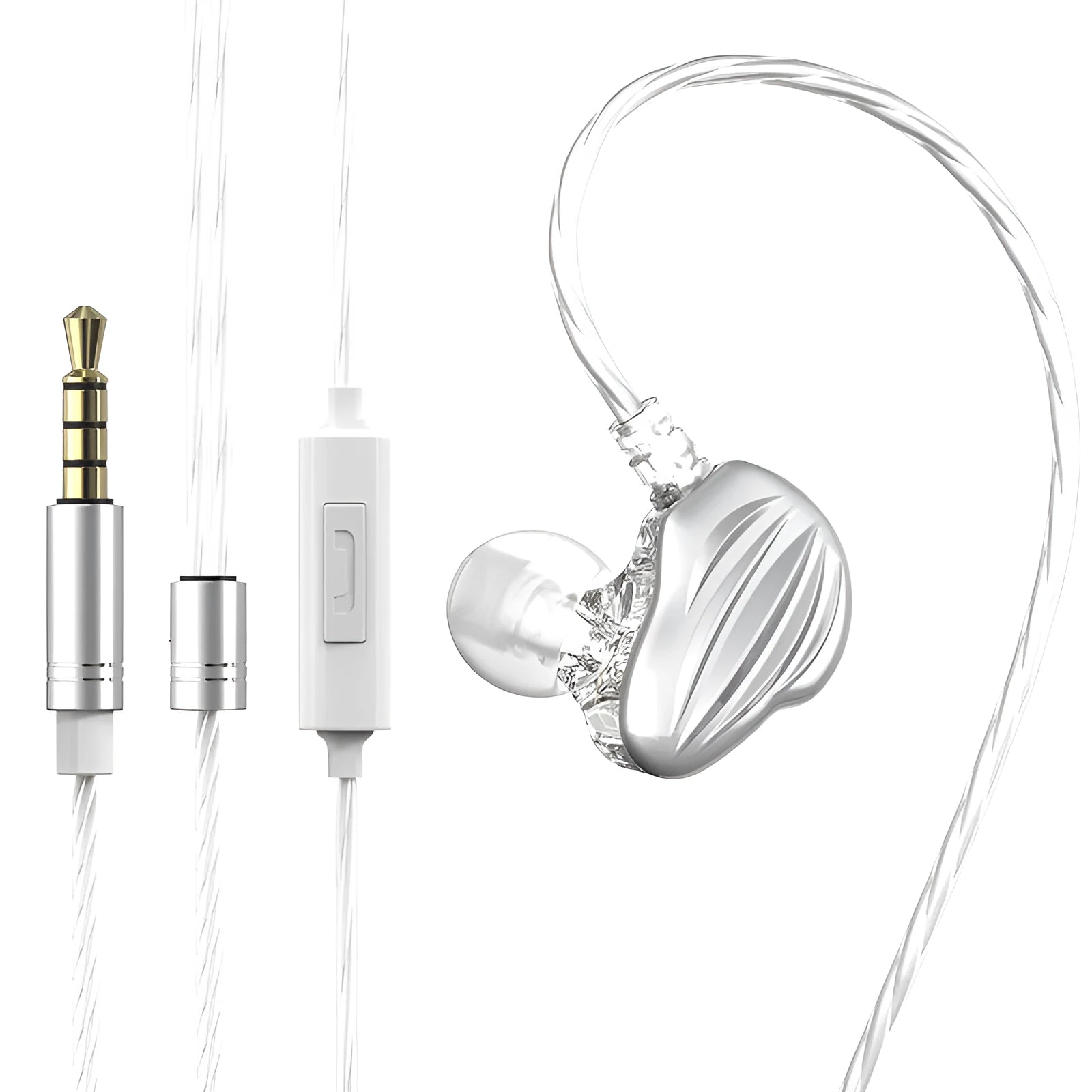 White in-ear sports headphones with back-wound cable design and 3.5mm plug