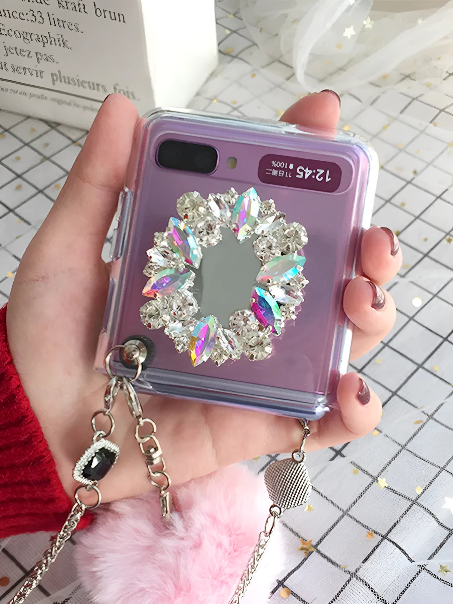 Samsung Galaxy Z Flip cartoon protective case with diagonal diamond hair powder ball design