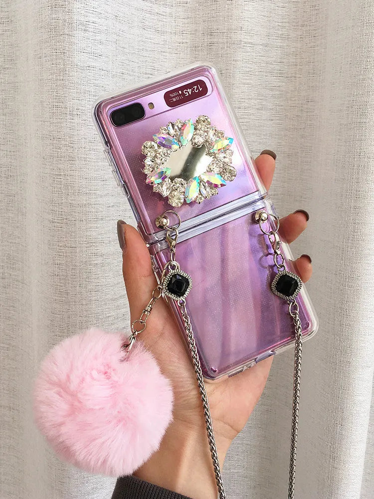 Samsung Galaxy Z Flip cartoon protective case with diagonal diamond hair powder ball design