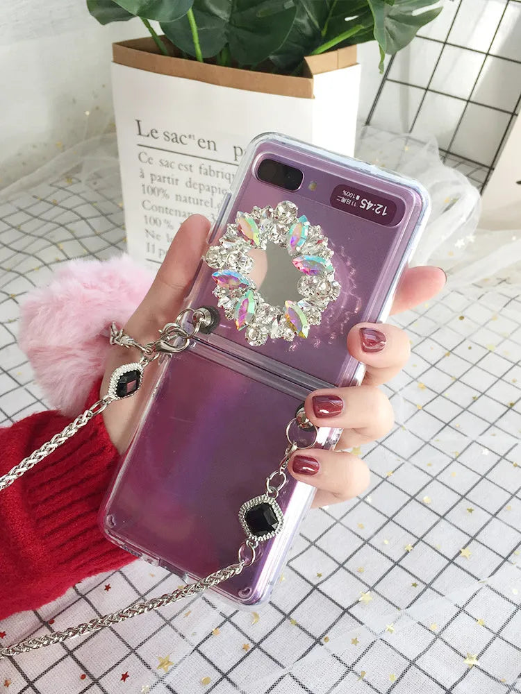 Samsung Galaxy Z Flip cartoon protective case with diagonal diamond hair powder ball design