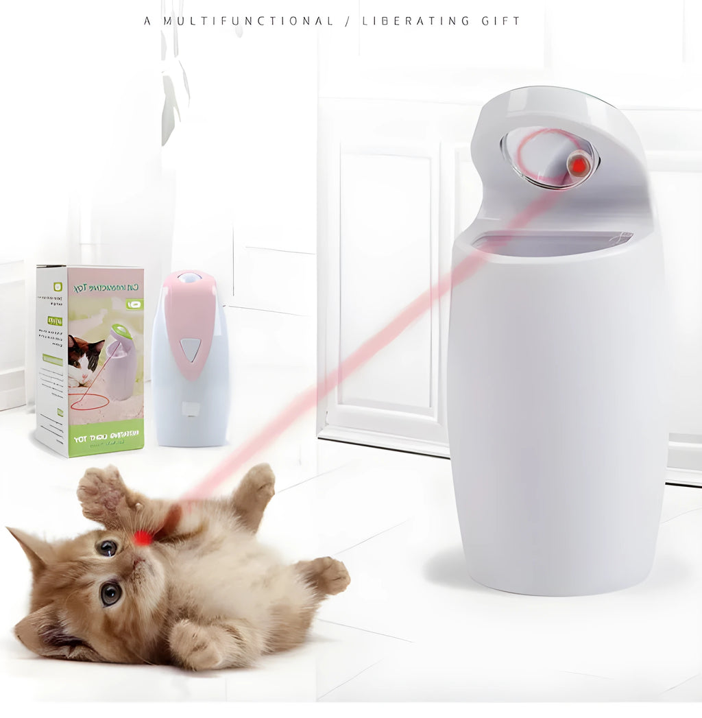 Green USB charging automatic rotating laser cat toy with ABS plastic body on a table