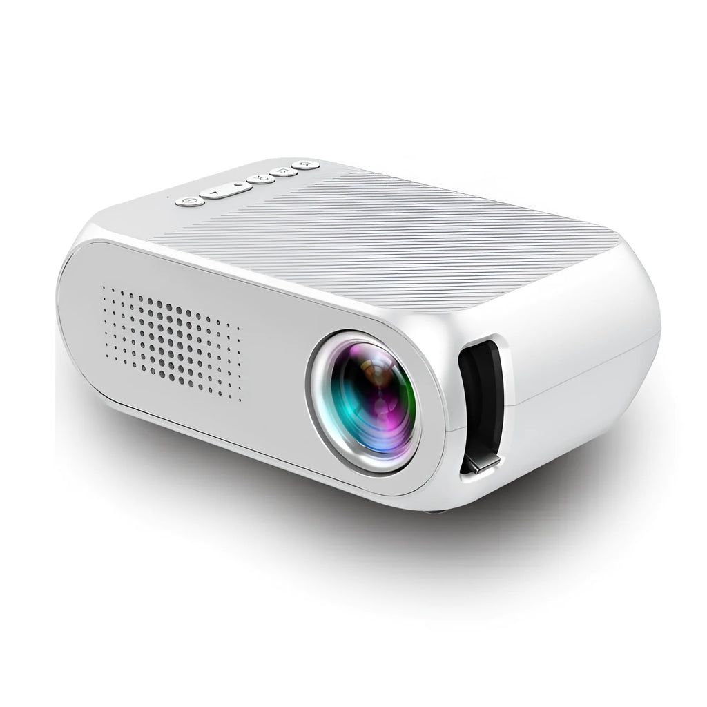 Compact mini HD portable projector with LED lens, available in black, supporting 20-80 inch front projection
