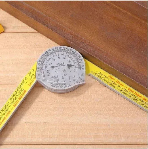 Yellow and white plastic cross-border horizontal angle ruler with laser engraved scales.