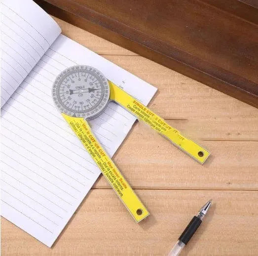 Yellow and white plastic cross-border horizontal angle ruler with laser engraved scales.