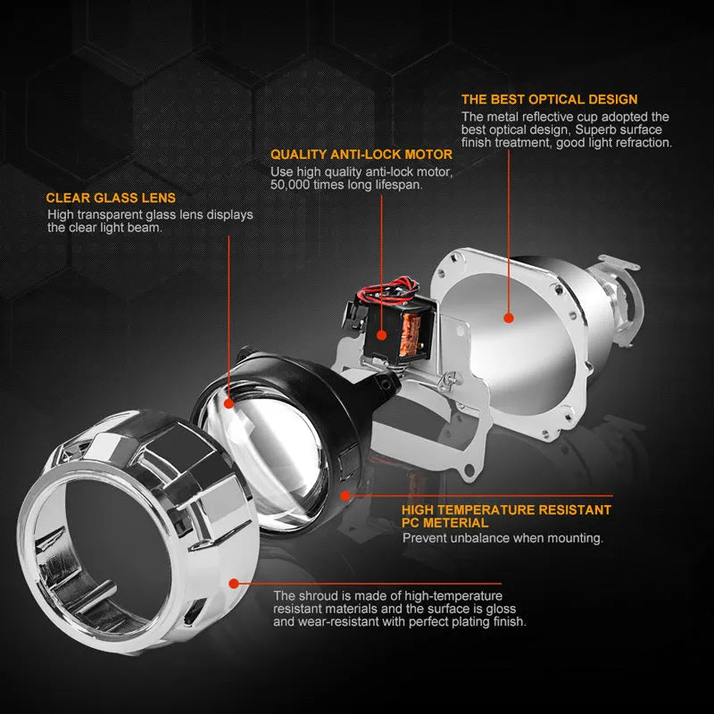 2.5 inch H1 HID bifocal projector lens in aviation aluminium for car and motorcycle headlight conversion