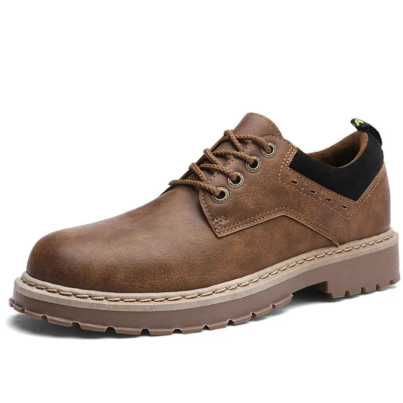 Men's casual shoes with artificial PU upper, rubber sole, round toe and flat heel in black, brown or dark brown