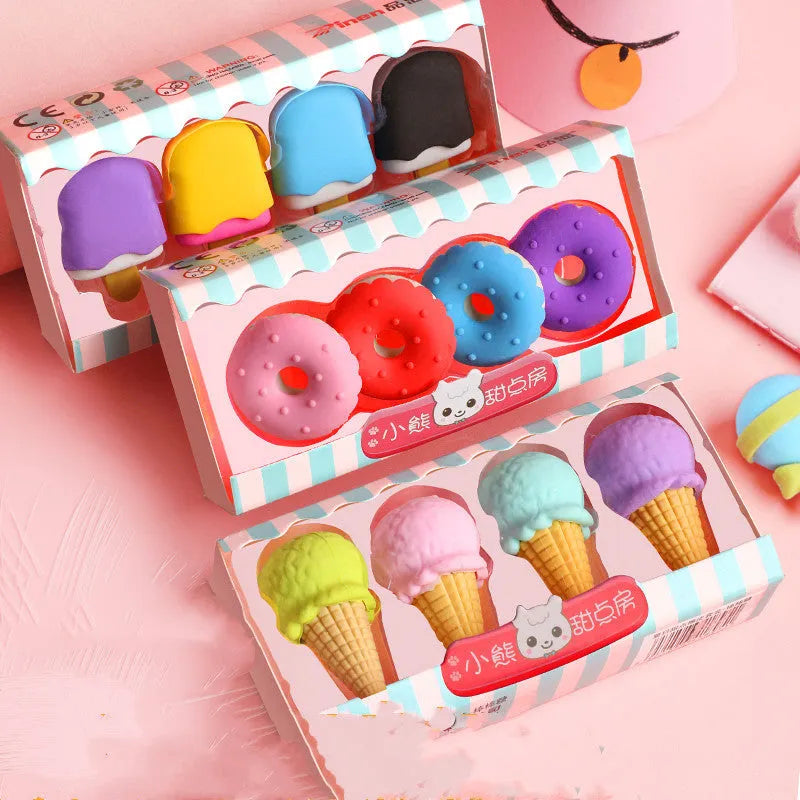 Set of 12 colourful cartoon erasers shaped like ice creams, lollipops, and donuts for children