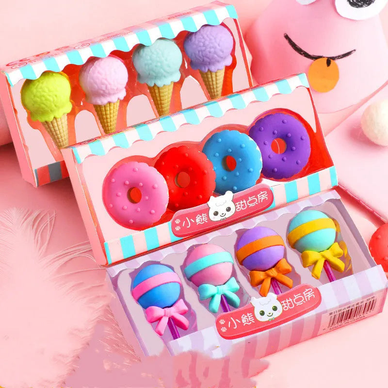 Set of 12 colourful cartoon erasers shaped like ice creams, lollipops, and donuts for children