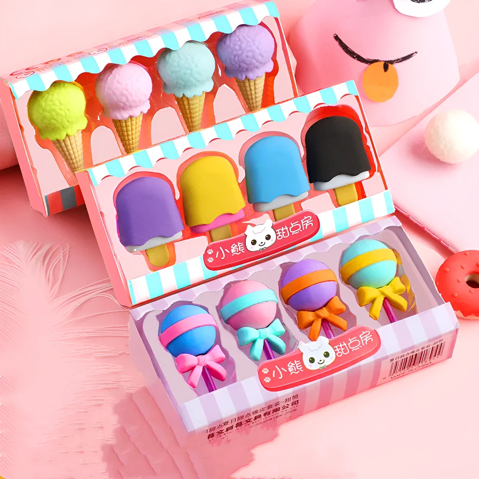 Set of 12 colourful cartoon erasers shaped like ice creams, lollipops, and donuts for children