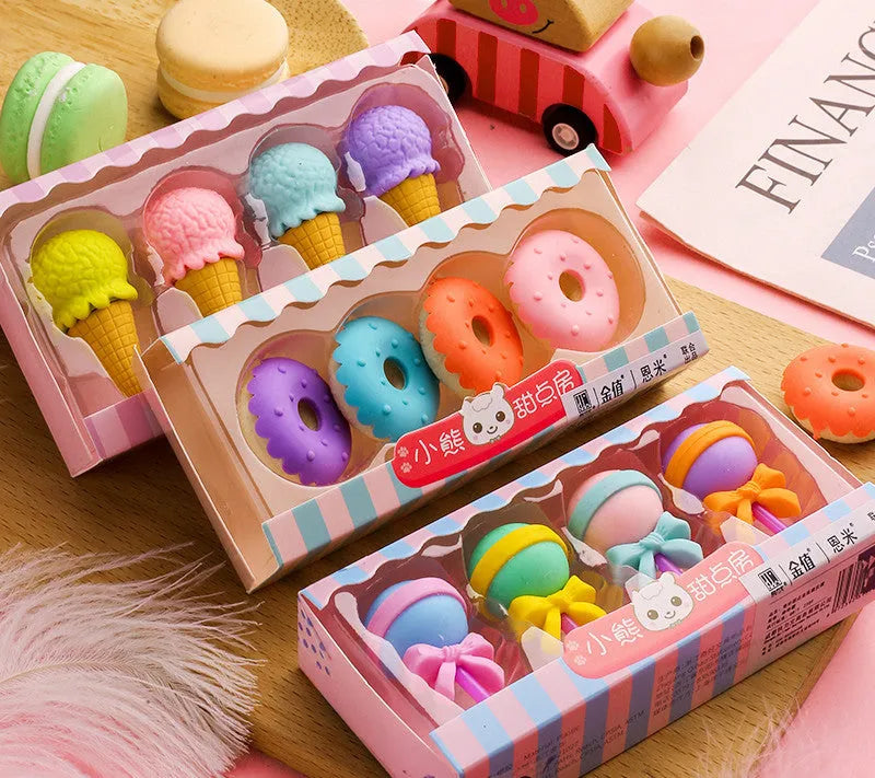 Set of 12 colourful cartoon erasers shaped like ice creams, lollipops, and donuts for children