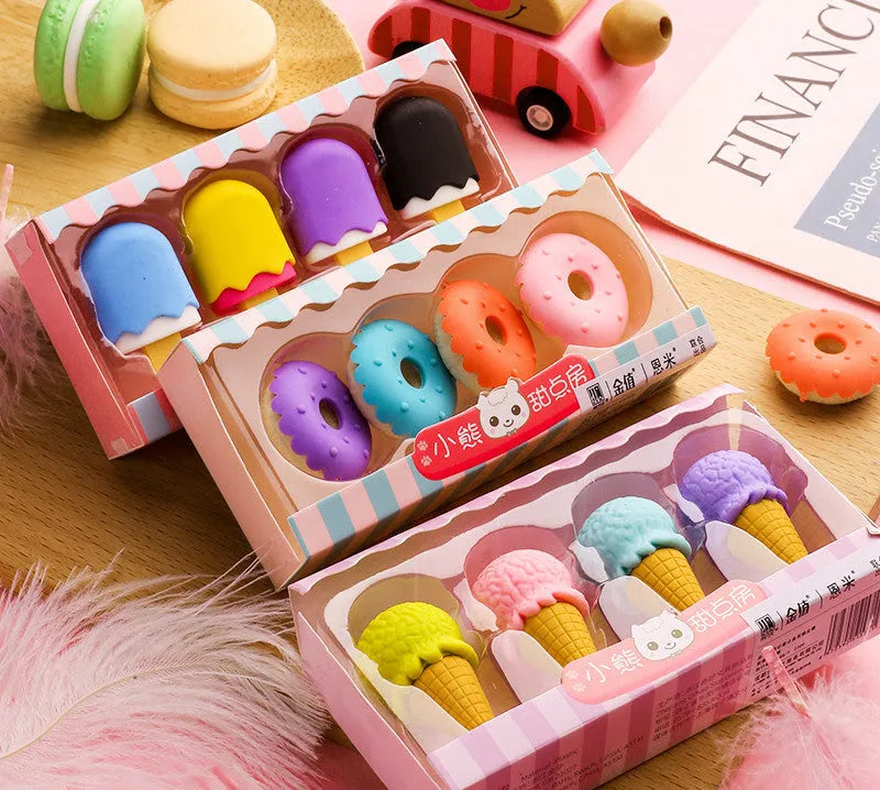 Set of 12 colourful cartoon erasers shaped like ice creams, lollipops, and donuts for children