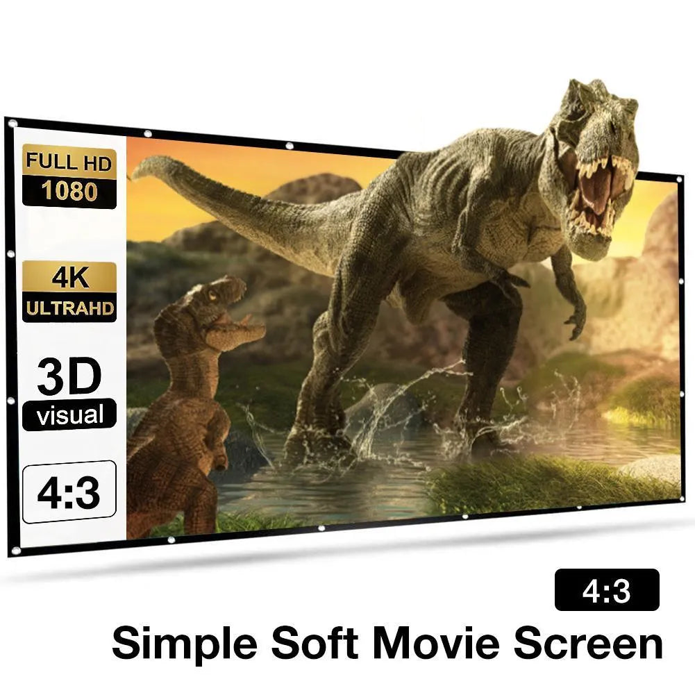 White polyester folding projection screen shown unfolded to its full 150-inch diagonal size.