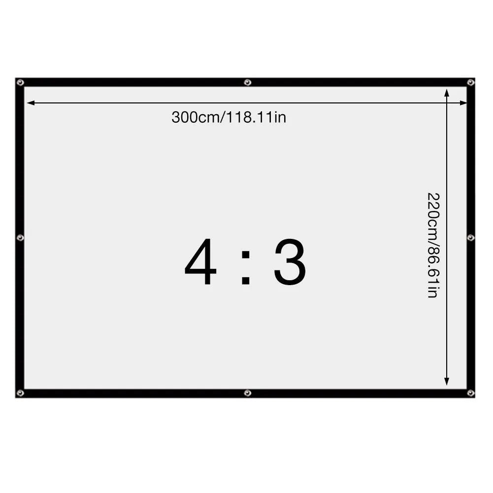 White polyester folding projection screen shown unfolded to its full 150-inch diagonal size.