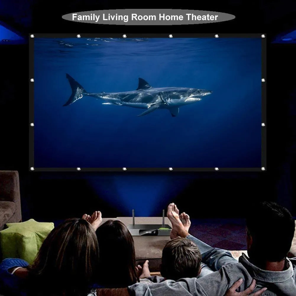 White polyester folding projection screen shown unfolded to its full 150-inch diagonal size.