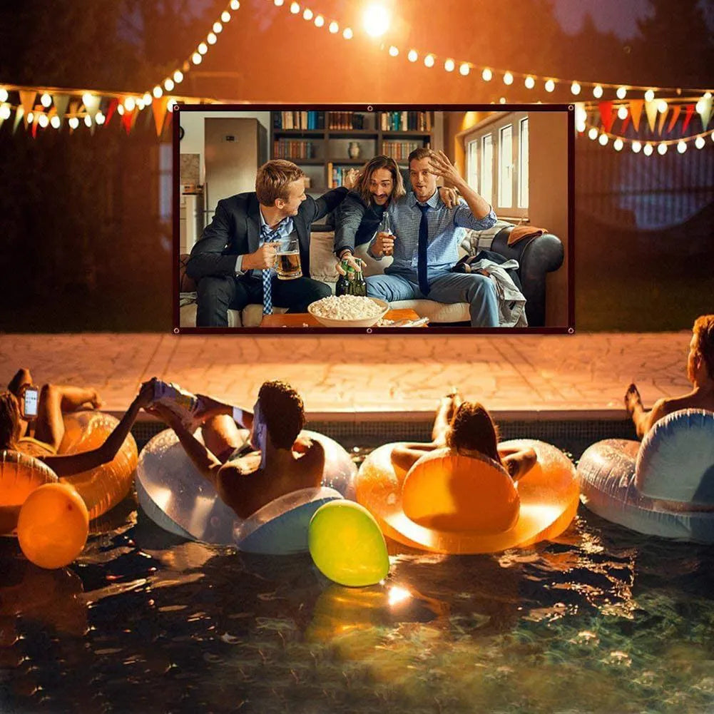 White polyester folding projection screen shown unfolded to its full 150-inch diagonal size.