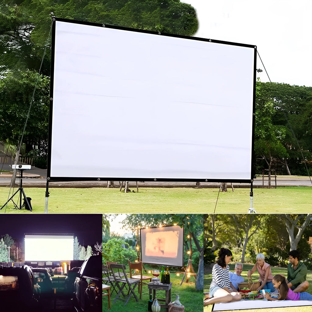 White polyester folding projection screen shown unfolded to its full 150-inch diagonal size.
