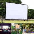 White polyester folding projection screen shown unfolded to its full 150-inch diagonal size.