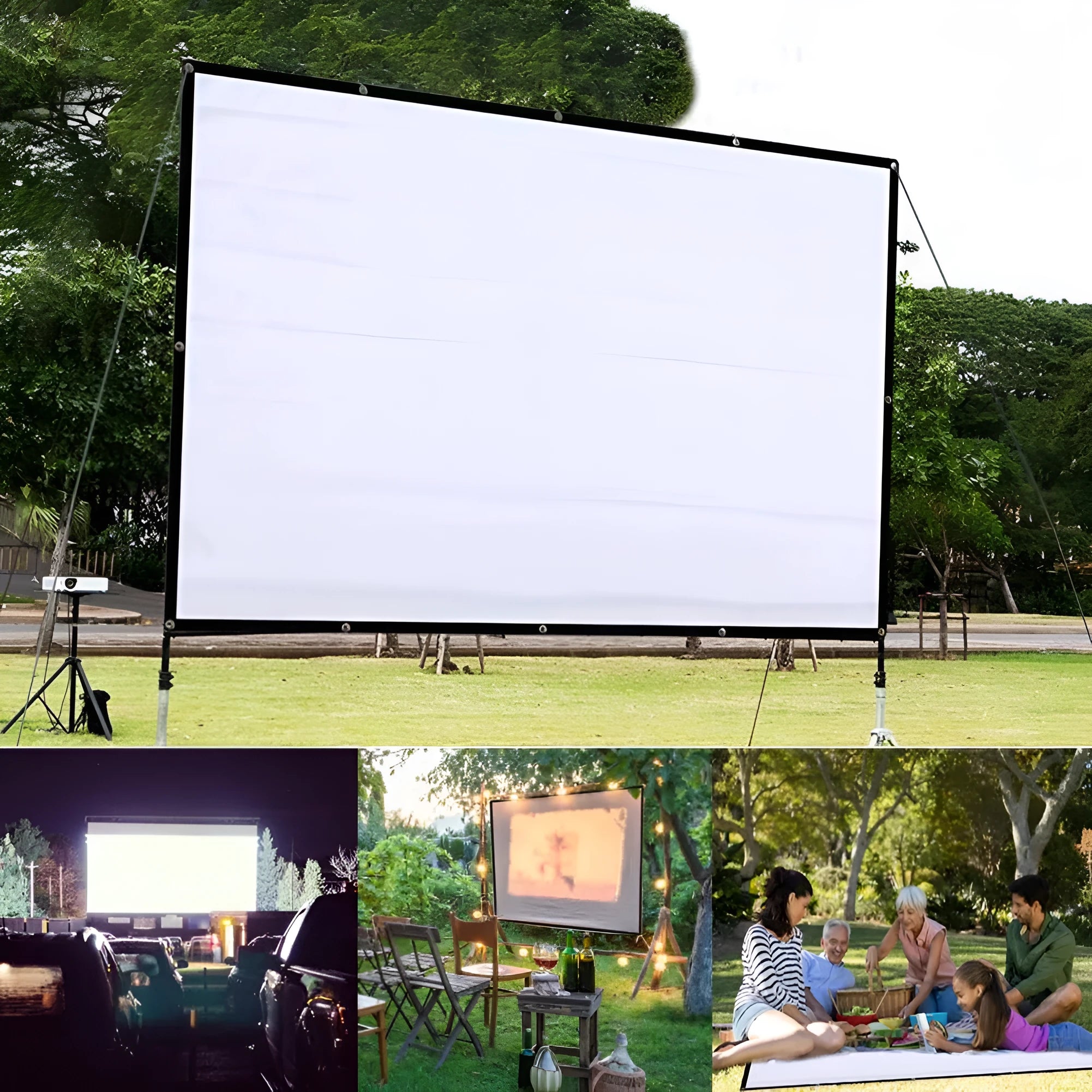 White polyester folding projection screen shown unfolded to its full 150-inch diagonal size.