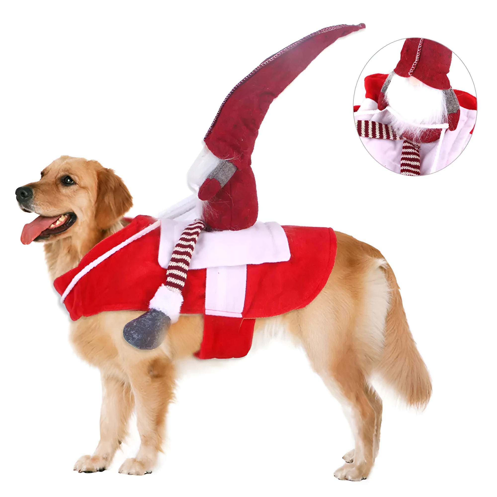 Red Santa-themed pet Christmas costume with horse riding design and Velcro fastening