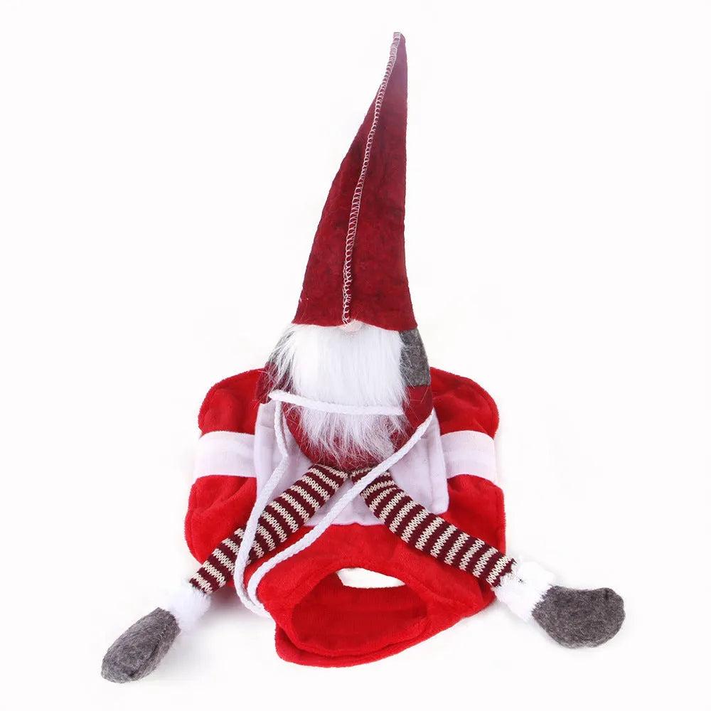 Red Santa-themed pet Christmas costume with horse riding design and Velcro fastening