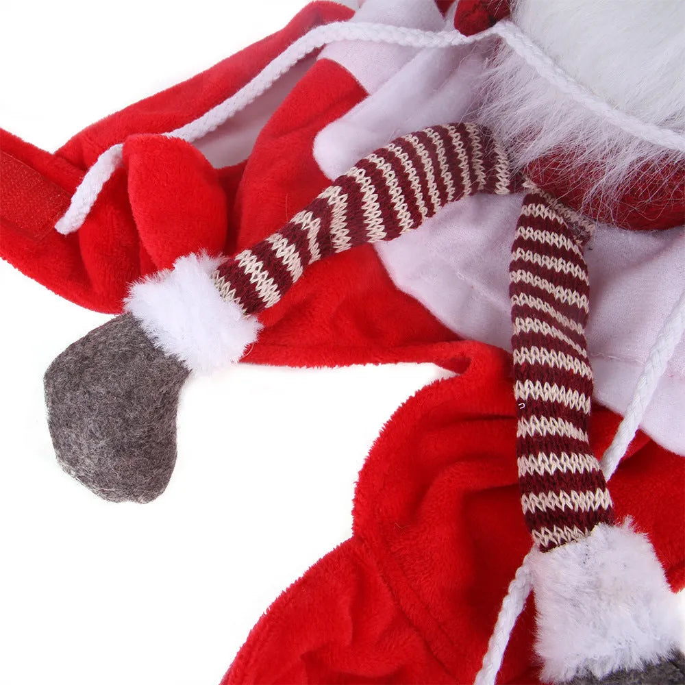 Red Santa-themed pet Christmas costume with horse riding design and Velcro fastening