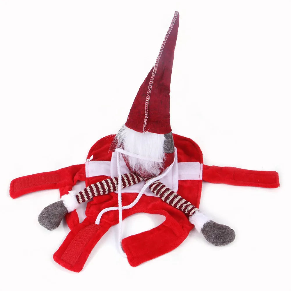 Red Santa-themed pet Christmas costume with horse riding design and Velcro fastening