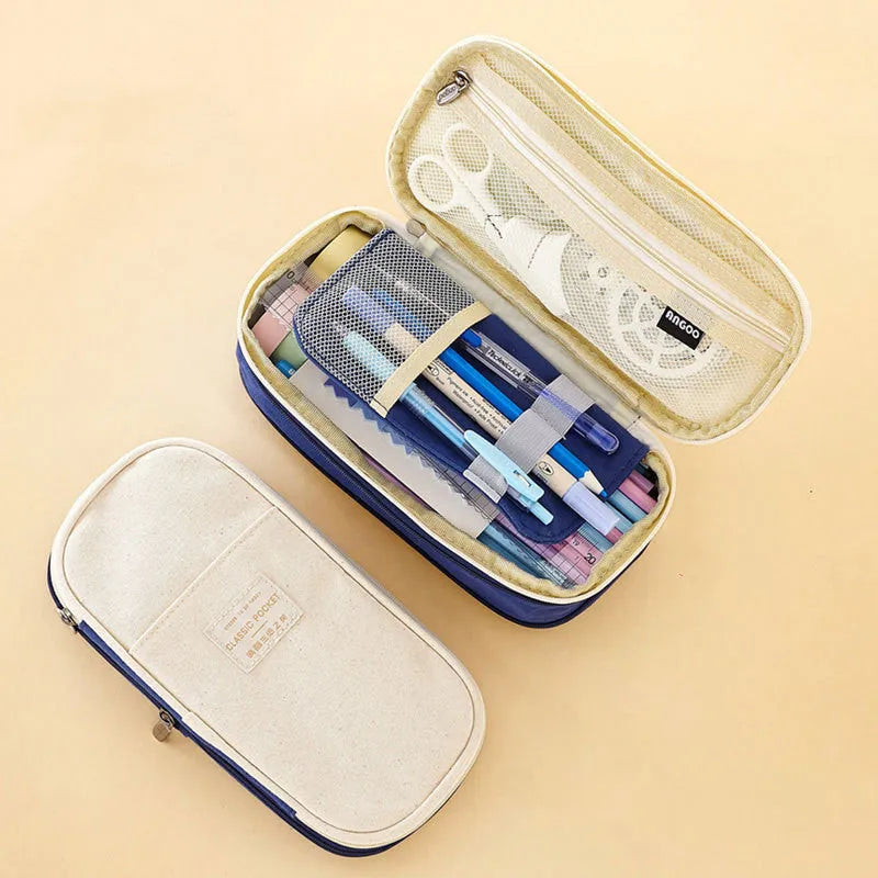 Canvas pencil case in large style with square shape and plain design for junior high school students