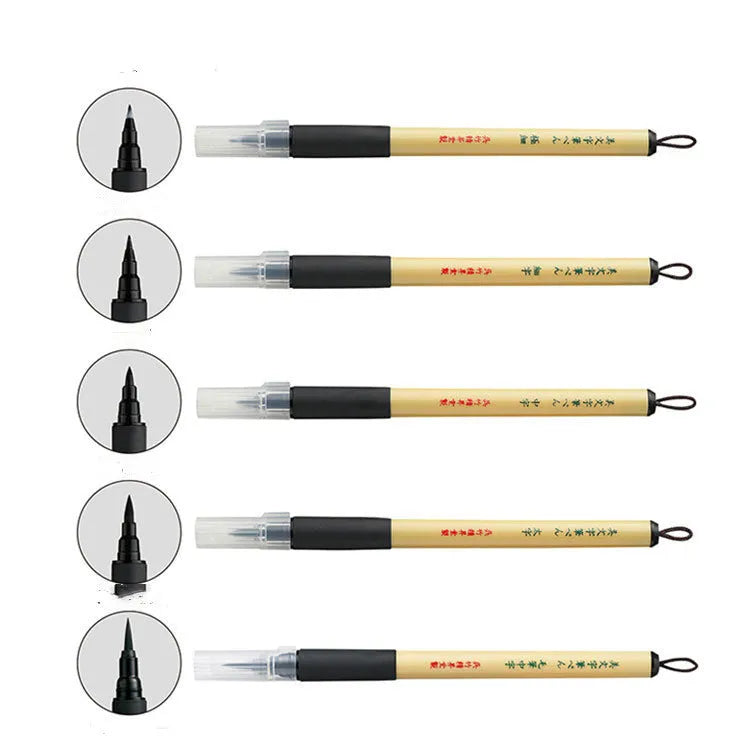 Bamboo calligraphy practice pen with soft hair tip and choice of five brush styles for Chinese character writing