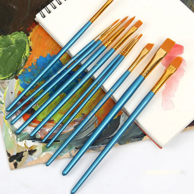 Ten blue-handled wooden gouache brushes with round heads for watercolour painting