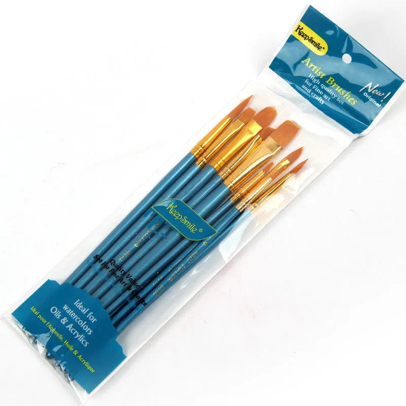 Ten blue-handled wooden gouache brushes with round heads for watercolour painting