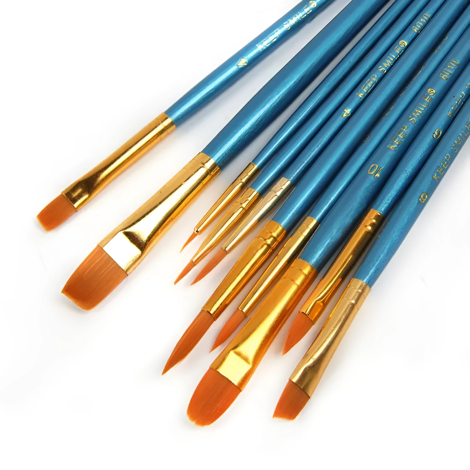 Ten blue-handled wooden gouache brushes with round heads for watercolour painting
