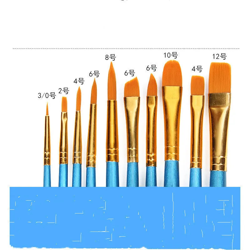 Ten blue-handled wooden gouache brushes with round heads for watercolour painting