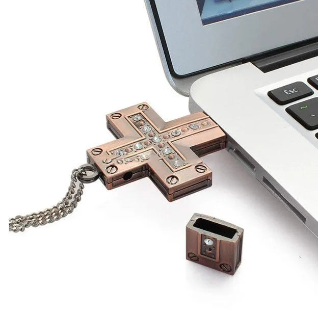 32GB metal cross USB flash drive in golden colour with USB 2.0 interface and 25g weight