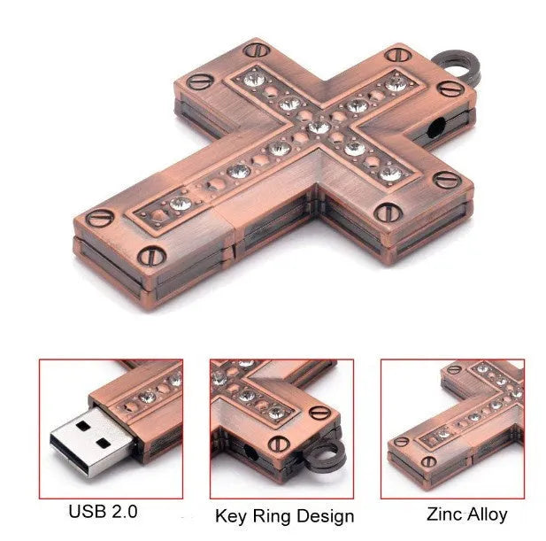 32GB metal cross USB flash drive in golden colour with USB 2.0 interface and 25g weight