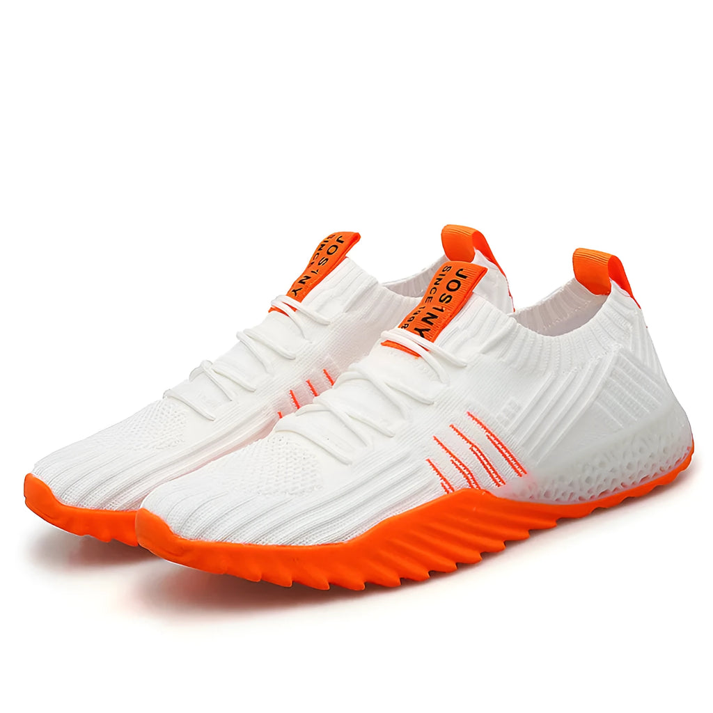 Flying woven mesh breathable sneakers in white orange with rubber sole and car suture detail