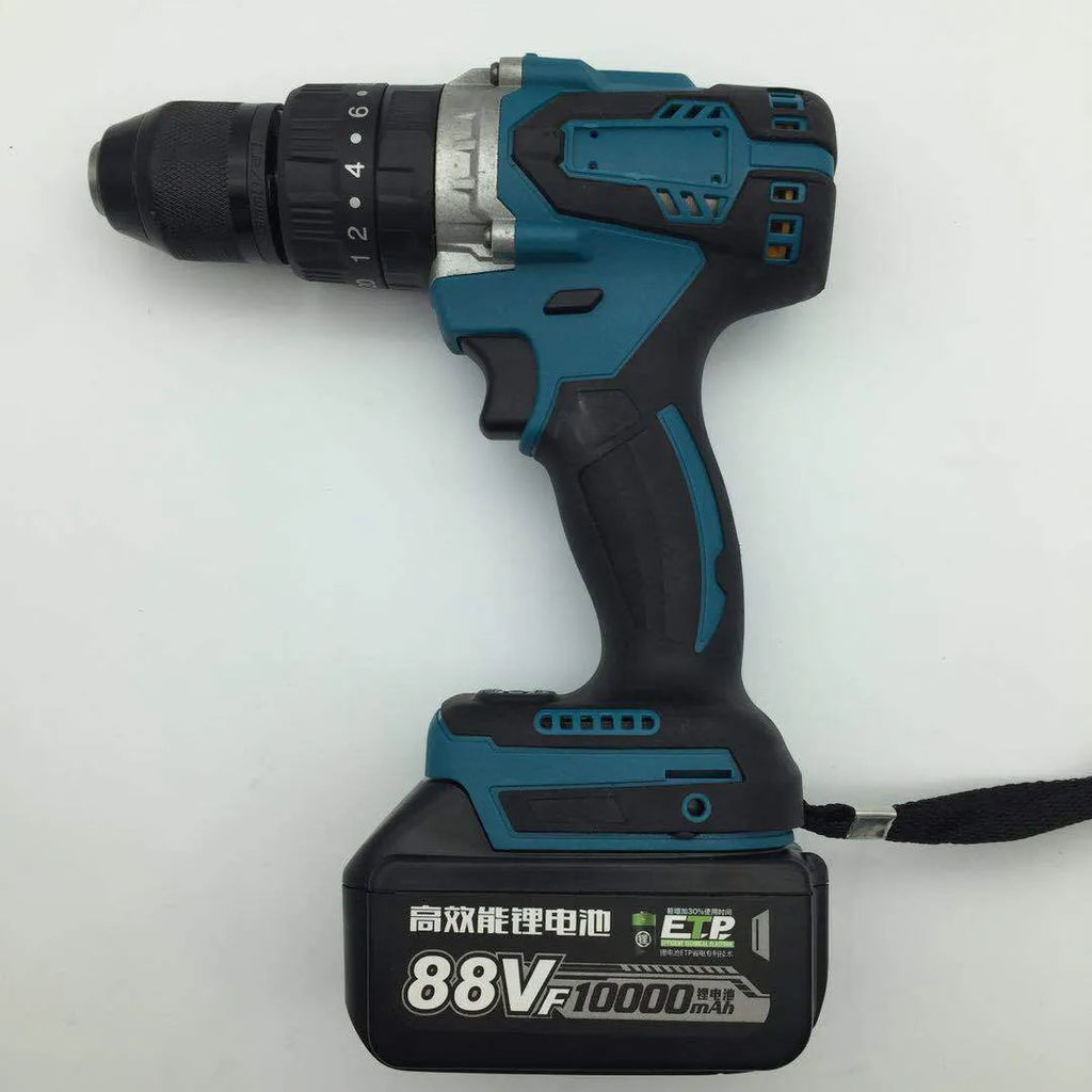 21V cordless impact drill with keyless chuck, lithium-ion battery, and charger on a workbench.