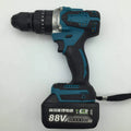 21V cordless impact drill with keyless chuck, lithium-ion battery, and charger on a workbench.