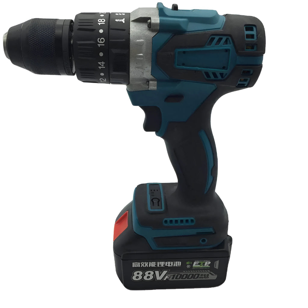 21V cordless impact drill with keyless chuck, lithium-ion battery, and charger on a workbench.