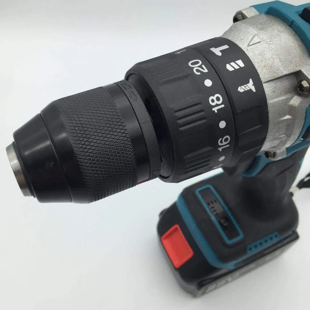 21V cordless impact drill with keyless chuck, lithium-ion battery, and charger on a workbench.