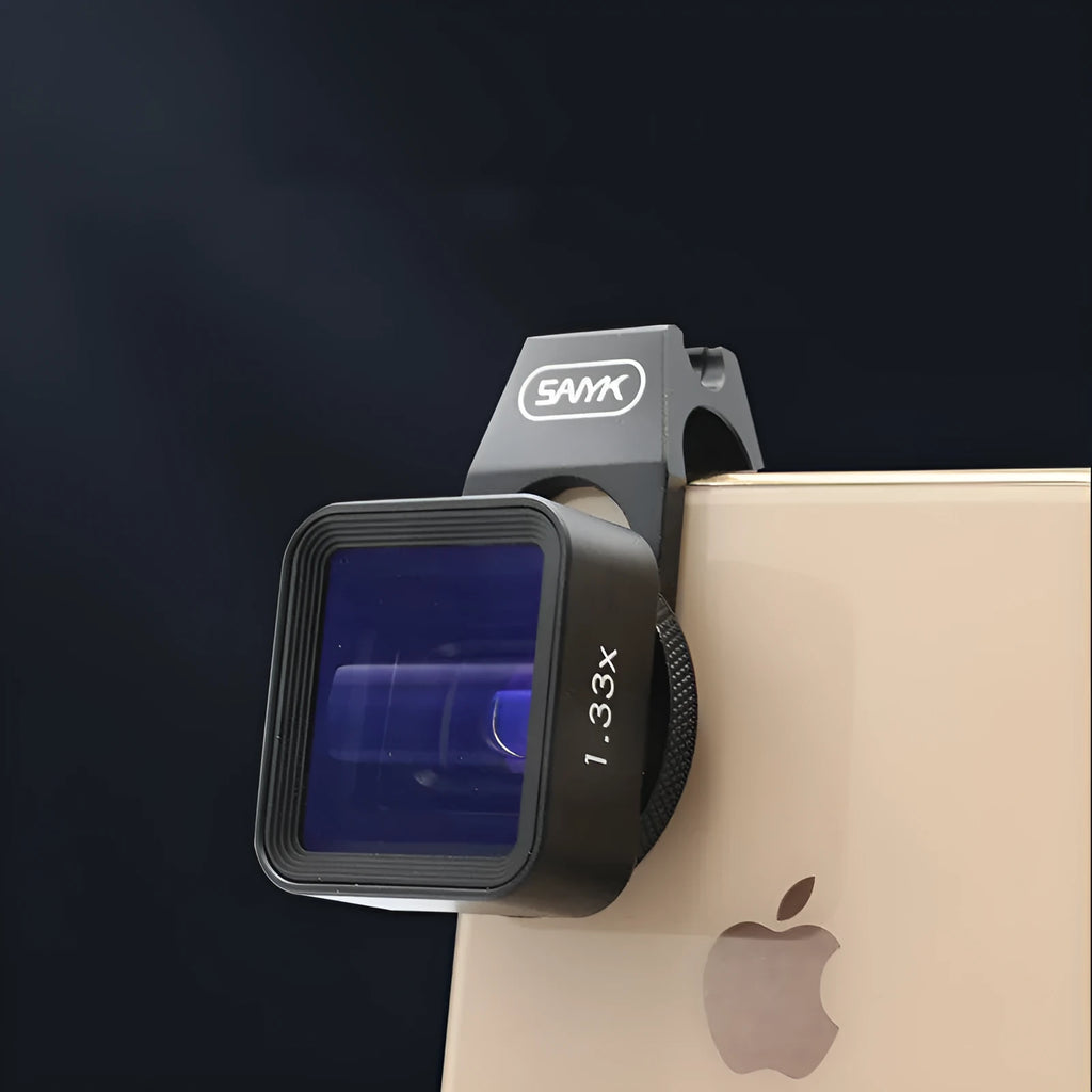 Black SANYK 1.33x anamorphic lens for mobile phones to create cinematic widescreen video.