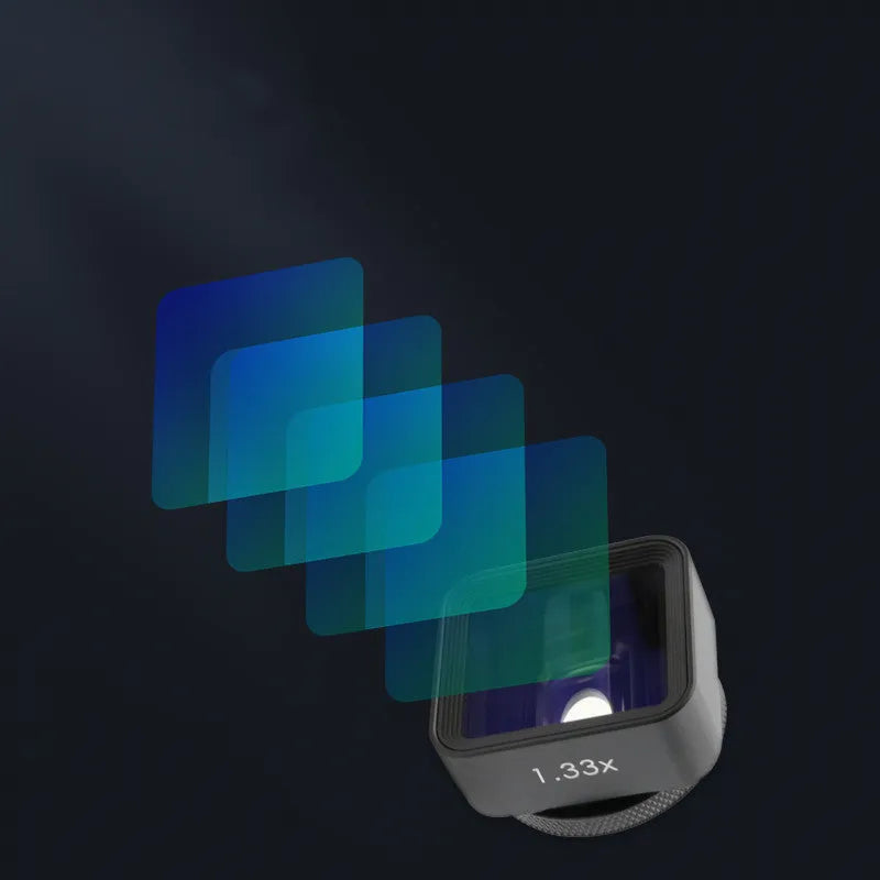 Black SANYK 1.33x anamorphic lens for mobile phones to create cinematic widescreen video.