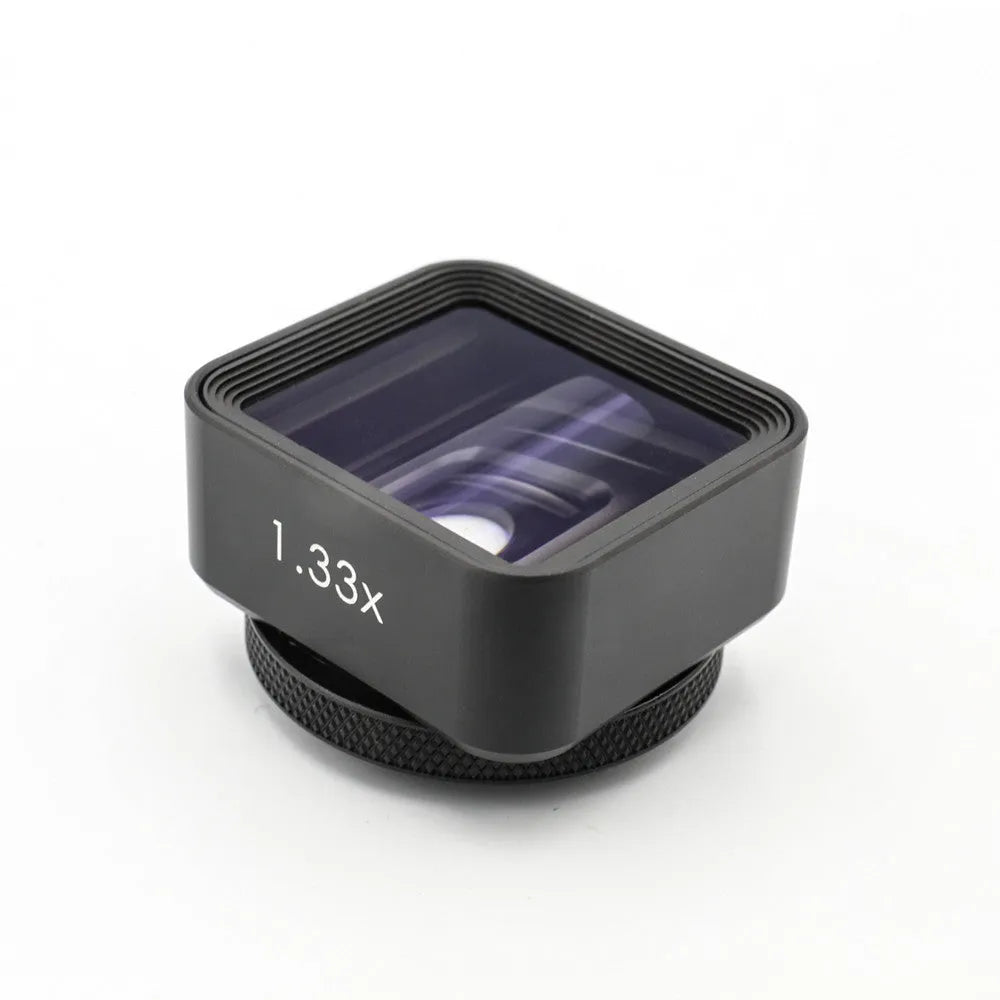 Black SANYK 1.33x anamorphic lens for mobile phones to create cinematic widescreen video.