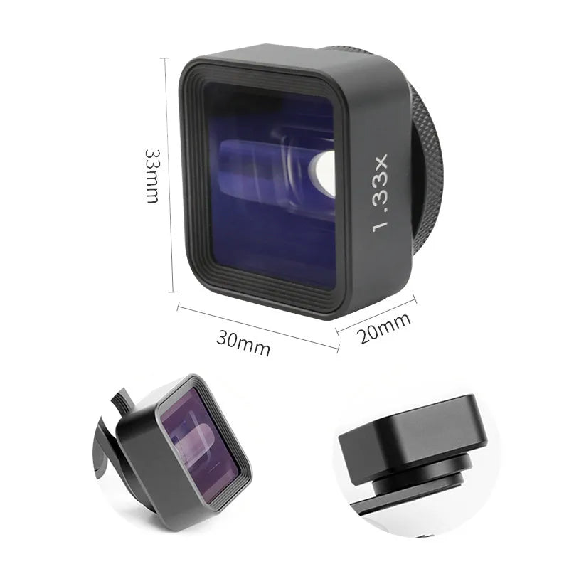 Black SANYK 1.33x anamorphic lens for mobile phones to create cinematic widescreen video.