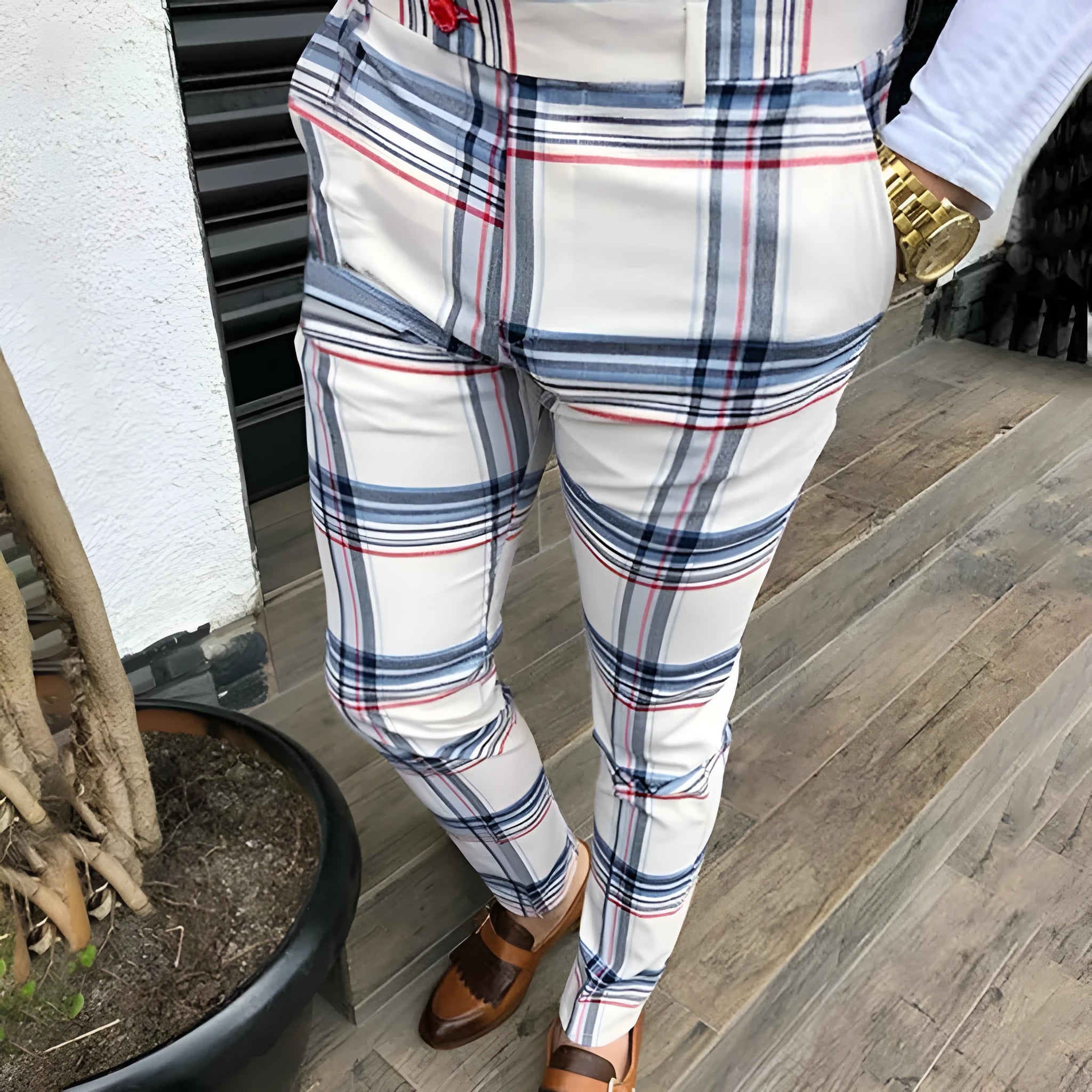 Men's slim fit plaid trousers in blue, mid waist straight leg style, streetwear casual pants