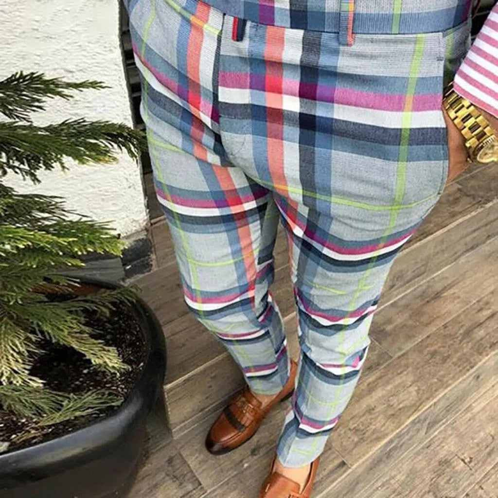 Men's slim fit plaid trousers in blue, mid waist straight leg style, streetwear casual pants