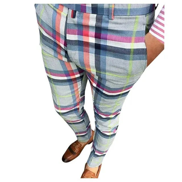 Men's slim fit plaid trousers in blue, mid waist straight leg style, streetwear casual pants