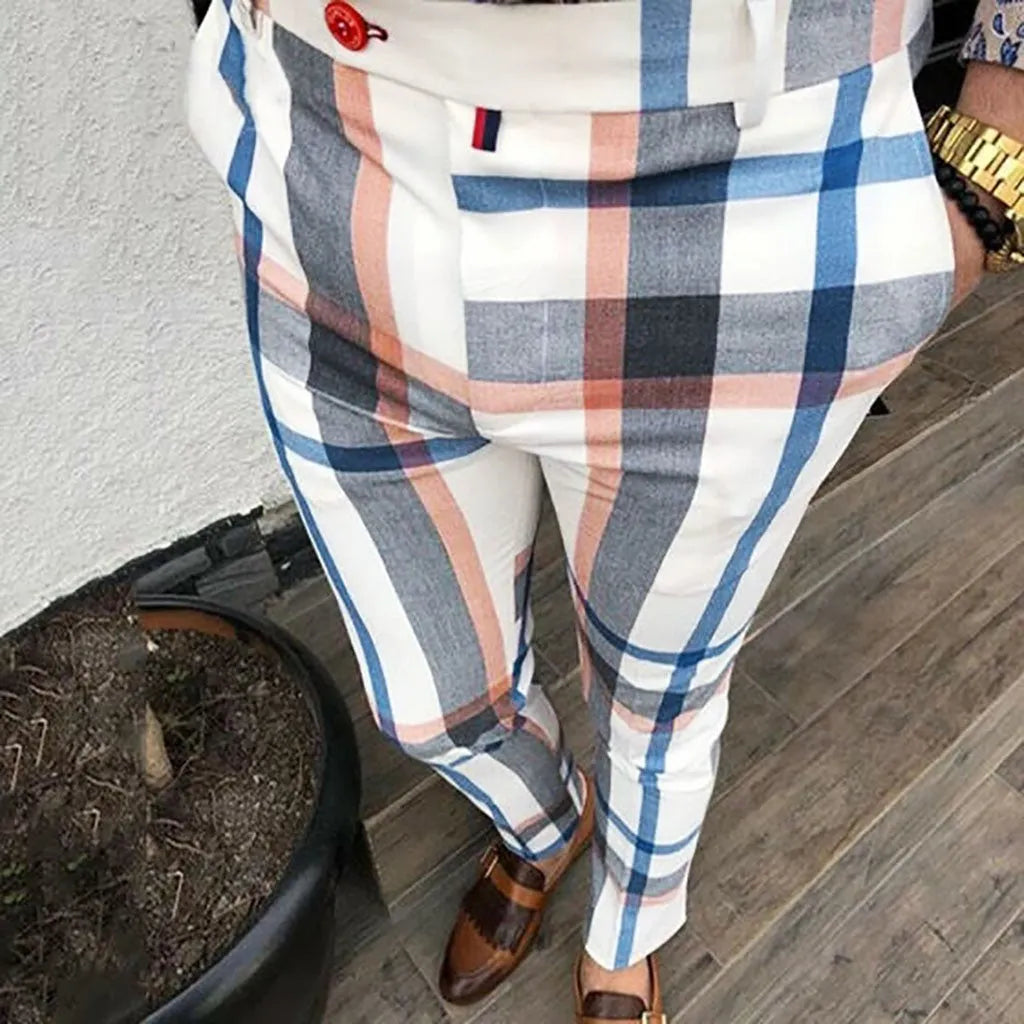 Men's slim fit plaid trousers in blue, mid waist straight leg style, streetwear casual pants