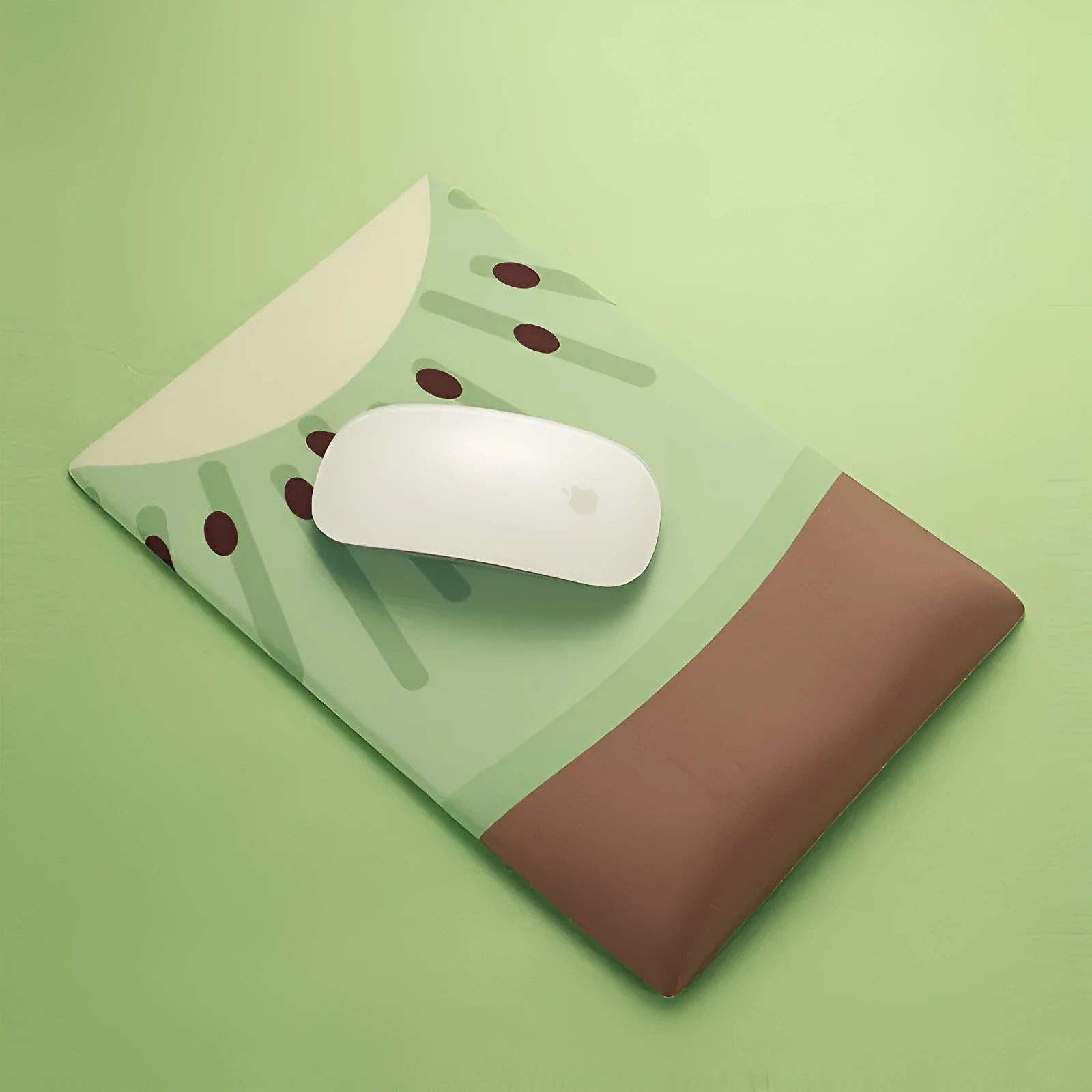 Kiwi fruit design on a grey cloth mouse pad with a thick, integrated gel wrist rest at the front.